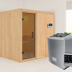 Systeemsauna Rodin grafiet glazen deur, incl. 9 kW saunakachel ext. besturing Gratis Retour