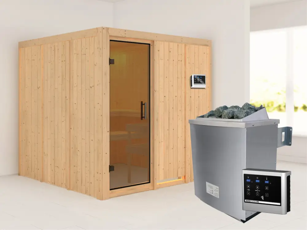 Systeemsauna Rodin grafiet glazen deur, incl. 9 kW saunakachel ext. besturing Gratis Retour