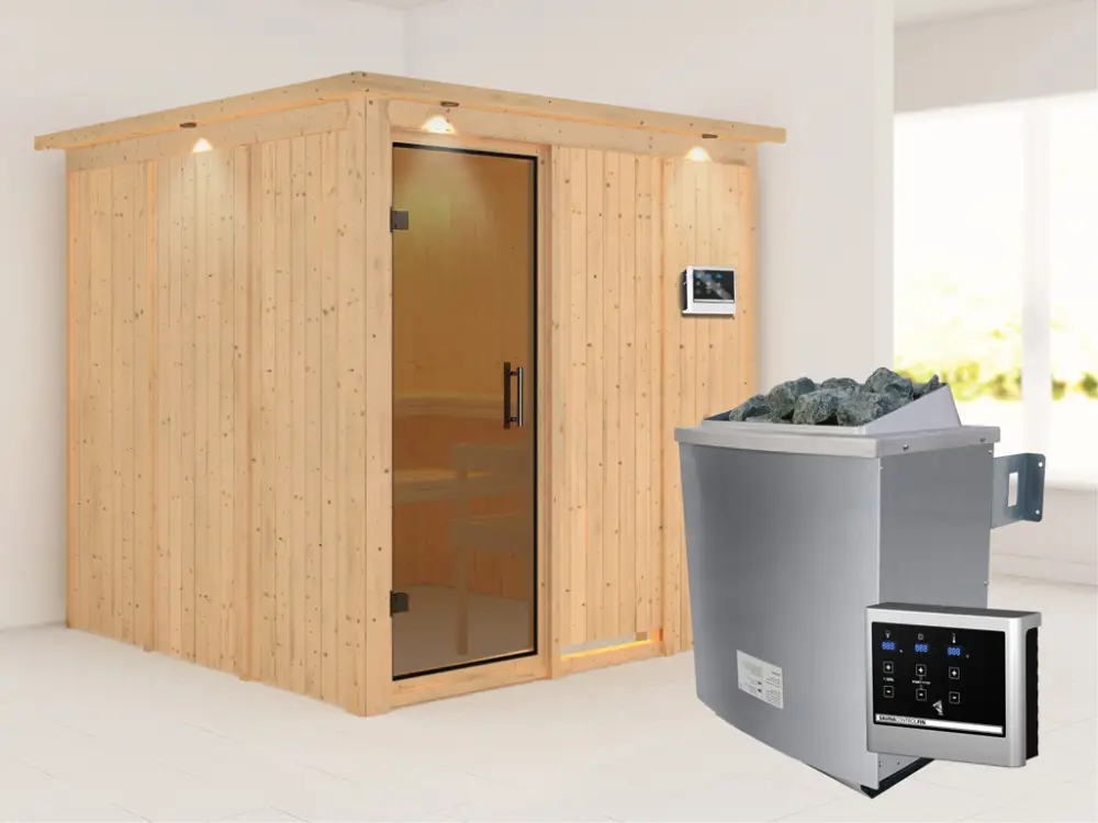 Systeemsauna Rodin met dakkraag, grafiet glazen deur, incl. 9 kW saunakachel ext. besturing Bestseller