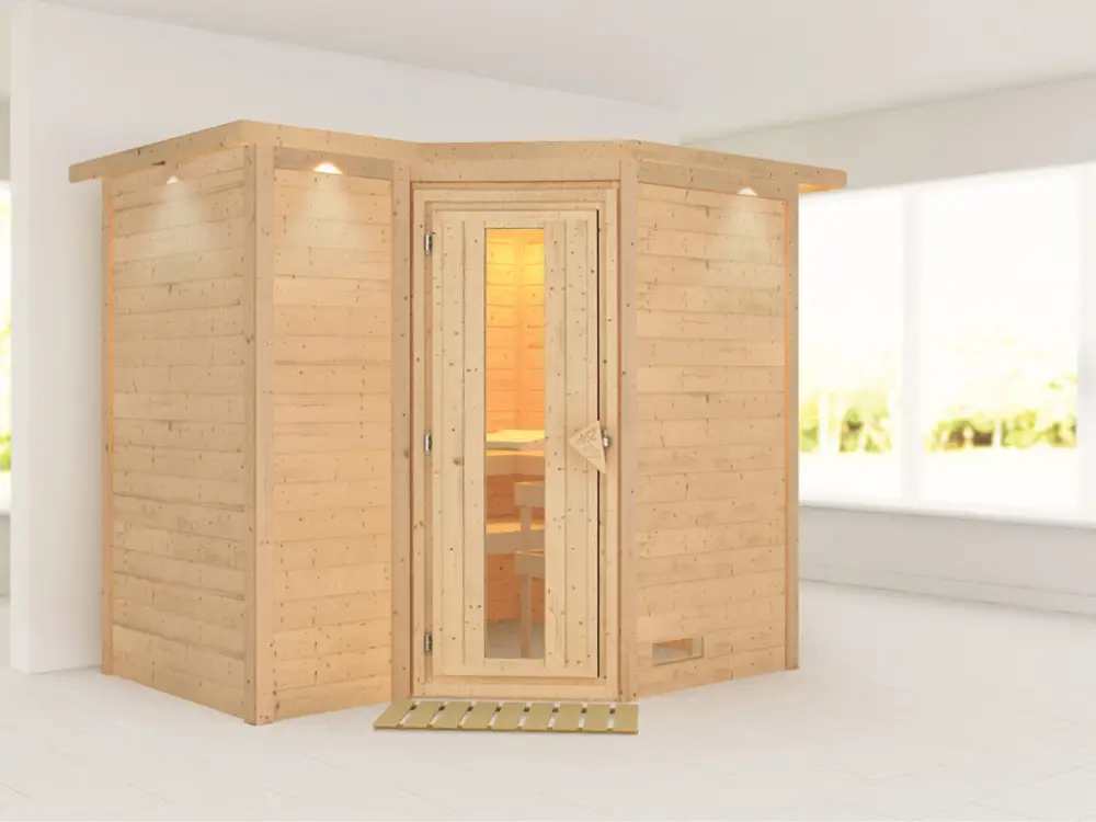 Lage Prijs Massieve sauna Sahib 2 met dakkraag, houten deur met geïsoleerd glas