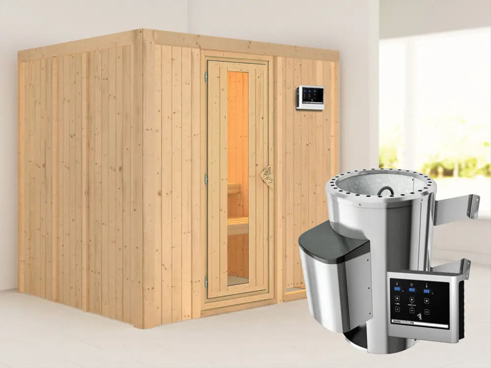 Systeemsauna Daria energiebesparende deur + Plug & Play saunakachel met ext. besturing Korting