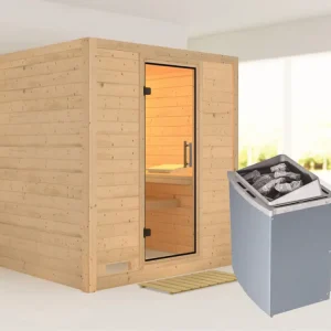 Dagaanbieding Massieve sauna Mojave transparent glazen deur + 9 kW saunakachel met besturing