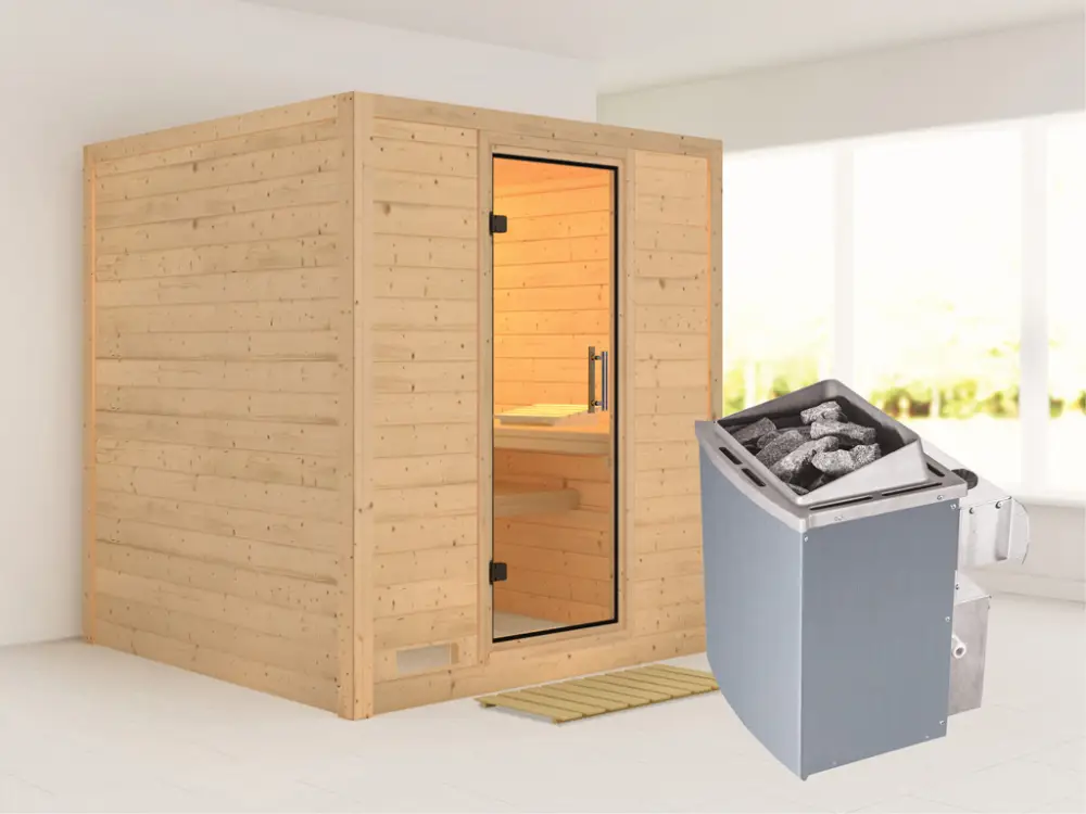 Dagaanbieding Massieve sauna Mojave transparent glazen deur + 9 kW saunakachel met besturing