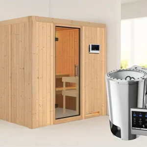 Betrouwbaar Systeemsauna Daria transparent glazen deur + Plug & Play Bio-kachel met ext. besturing