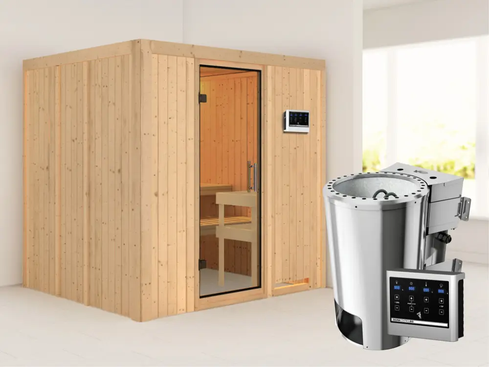 Betrouwbaar Systeemsauna Daria transparent glazen deur + Plug & Play Bio-kachel met ext. besturing