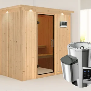 Systeemsauna Daria met dakkraag, grafiet glazen deur + Plug & Play saunakachel met ext.besturing Premium