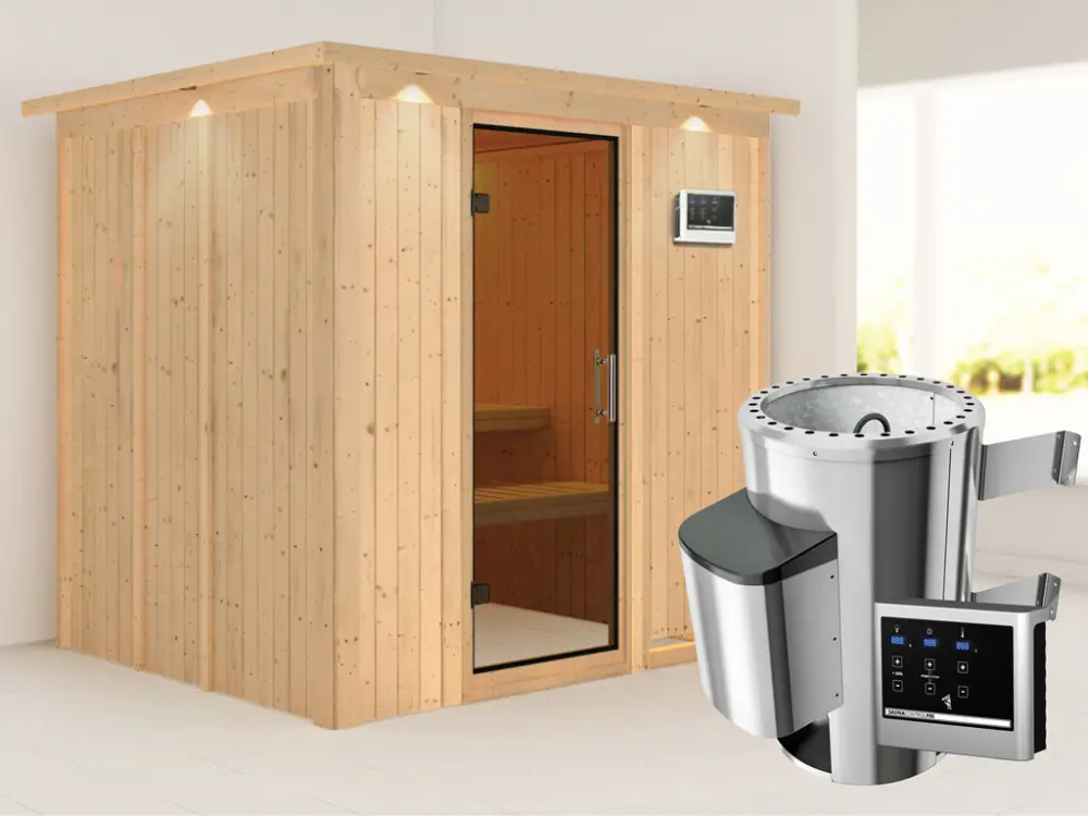 Systeemsauna Daria met dakkraag, grafiet glazen deur + Plug & Play saunakachel met ext.besturing Premium