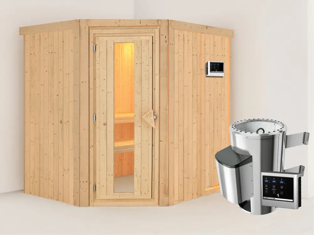 Lage Prijs Systeemsauna Lilja energiebesparende deur + Plug & Play saunakachel met ext. besturing