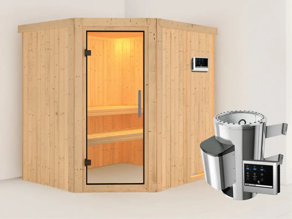 Systeemsauna Lilja transparent glazen deur + Plug & Play saunakachel met ext. besturing Direct Verzonden