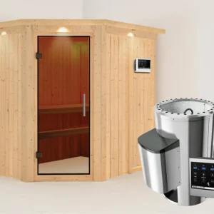Systeemsauna Saja met dakkraag, grafiet glazen deur + Plug & Play saunakachel met ext. besturing Snelle Levering