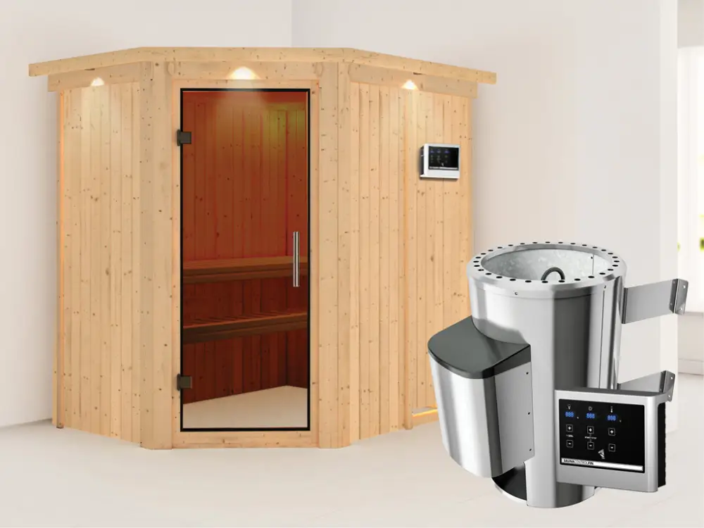 Systeemsauna Saja met dakkraag, grafiet glazen deur + Plug & Play saunakachel met ext. besturing Snelle Levering