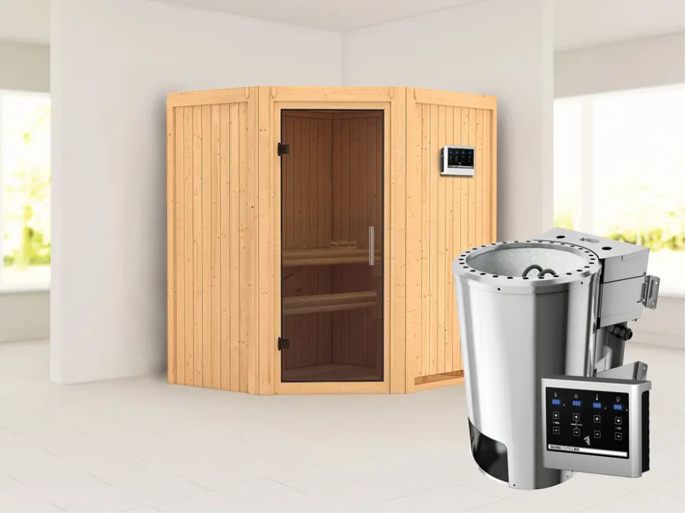 Laatste Versie Systeemsauna Tonja grafiet glazen deur + Plug & Play Bio-kachel met ext. besturing