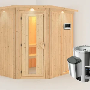 Systeemsauna Lilja met dakkraag, energiebesparende deur + Plug & Play saunakachel met ext. besturing Shop Nu