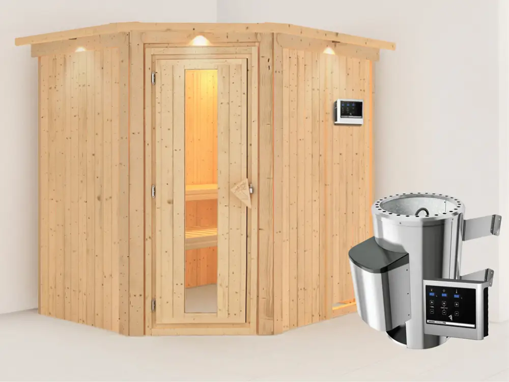 Systeemsauna Lilja met dakkraag, energiebesparende deur + Plug & Play saunakachel met ext. besturing Shop Nu