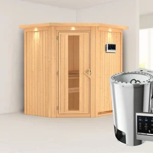 Systeemsauna Tonja met dakkraag, energiebesparende deur + Plug & Play Bio-kachel met ext. besturing Merkproduct