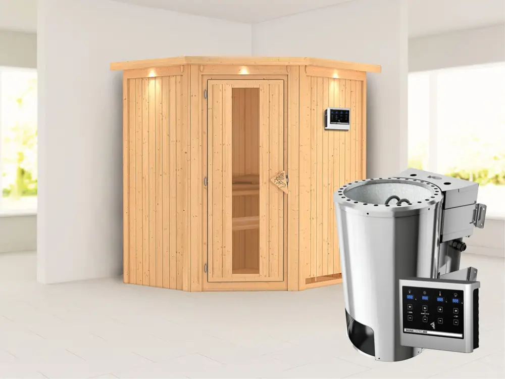 Systeemsauna Tonja met dakkraag, energiebesparende deur + Plug & Play Bio-kachel met ext. besturing Merkproduct