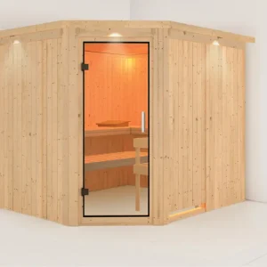 Weekendaanbieding Systeemsauna Malin met dakkraag, transparent glazen deur
