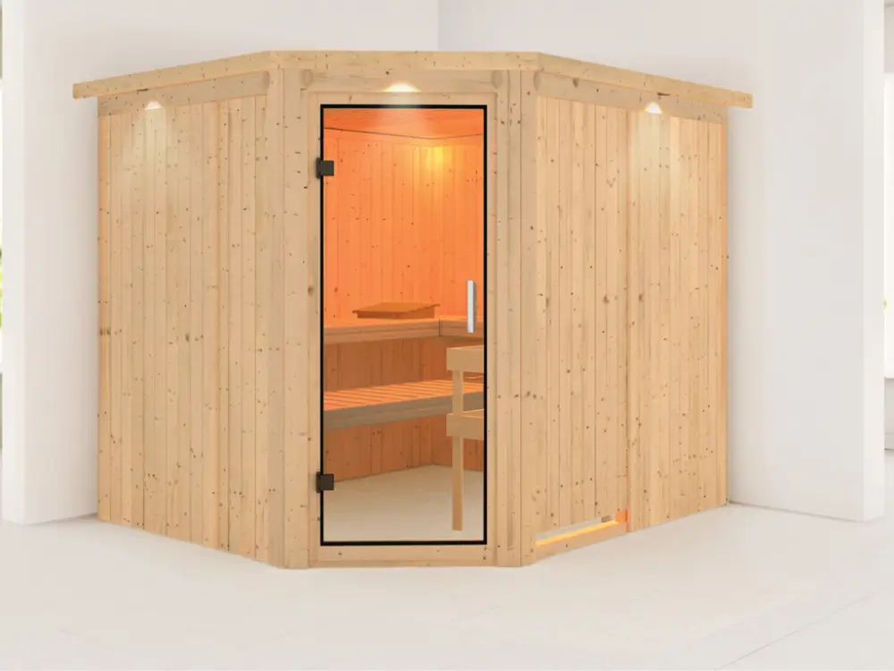 Weekendaanbieding Systeemsauna Malin met dakkraag, transparent glazen deur