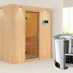 Systeemsauna Fanja met dakkraag, transparent glazen deur + Plug & Play Bio-kachel met ext. besturing Beperkt Aanbod