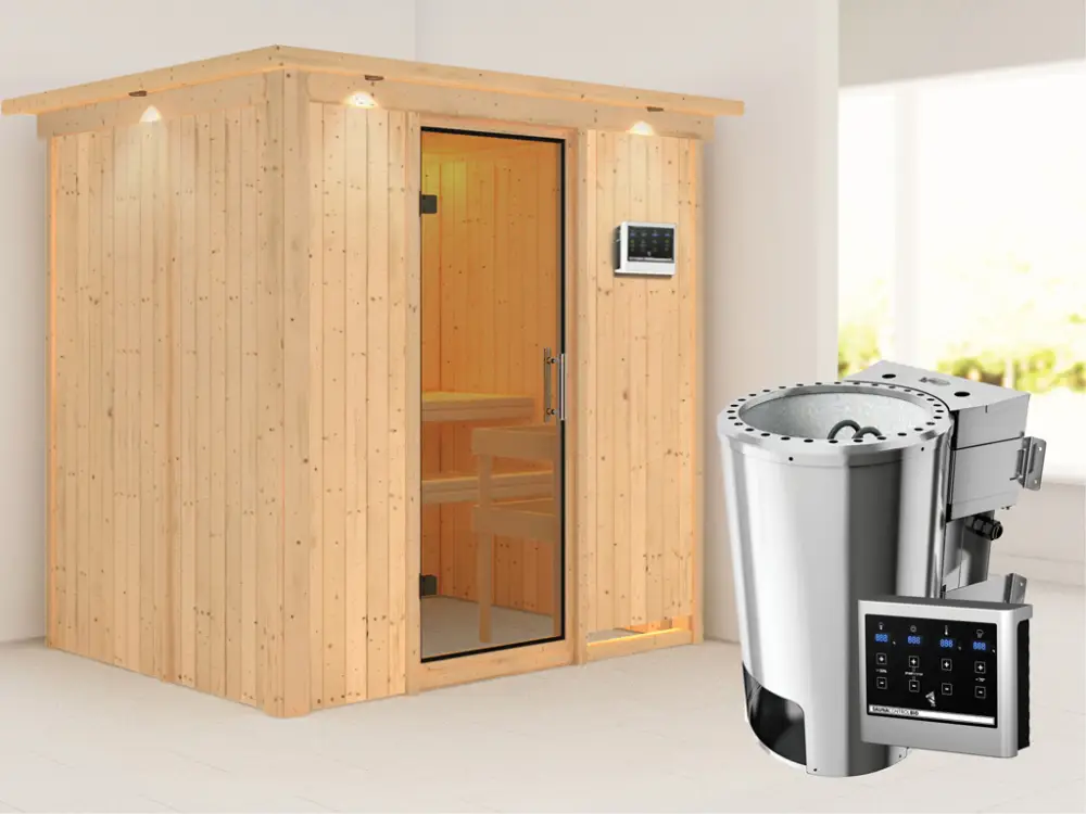 Systeemsauna Fanja met dakkraag, transparent glazen deur + Plug & Play Bio-kachel met ext. besturing Beperkt Aanbod
