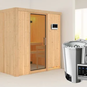 Systeemsauna Fanja transparent glazen deur + Plug & Play Bio-kachel met ext. besturing Tijdelijk Beschikbaar
