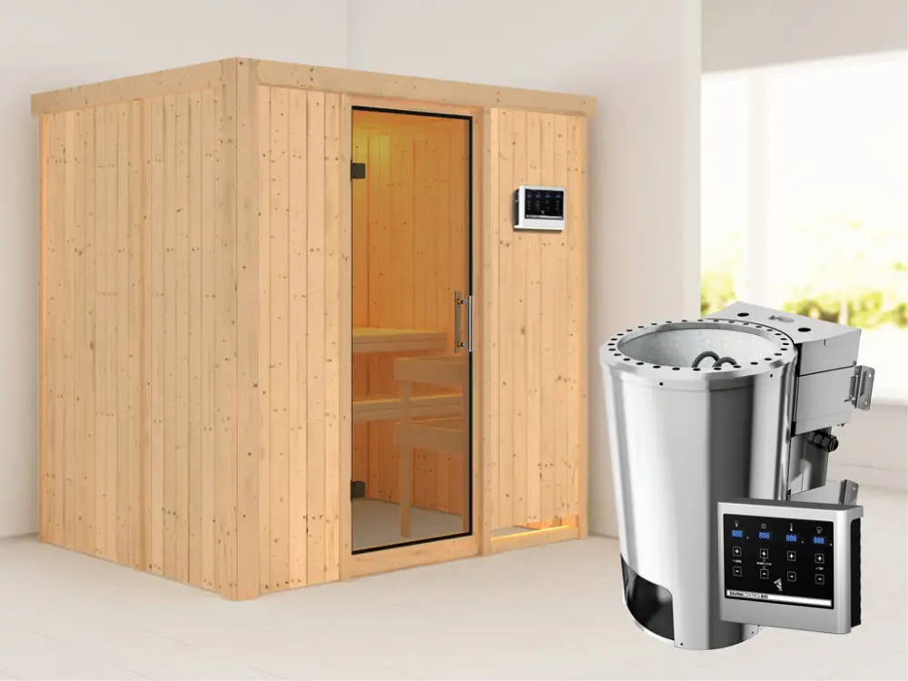 Systeemsauna Fanja transparent glazen deur + Plug & Play Bio-kachel met ext. besturing Tijdelijk Beschikbaar