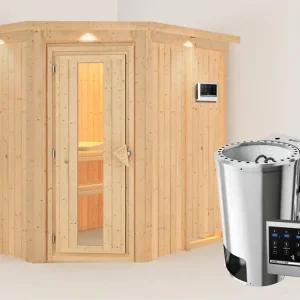 Systeemsauna Saja met dakkraag, energiebesparende deur + Plug & Play Bio-kachel met ext. besturing Hete Deal