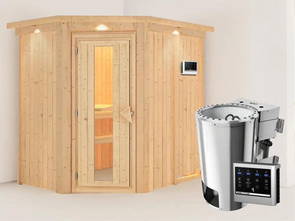 Systeemsauna Saja met dakkraag, energiebesparende deur + Plug & Play Bio-kachel met ext. besturing Hete Deal