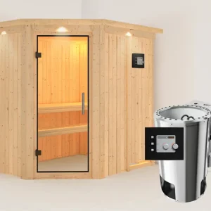 Systeemsauna Saja met dakkraag, transparent glazen deur + Plug & Play Bio-kachel met ext. besturing Koop Online