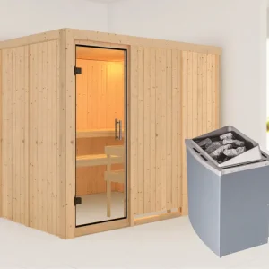 Lage Kosten Systeemsauna Gobin transparent glazen deur + 9 kW saunakachel met besturing