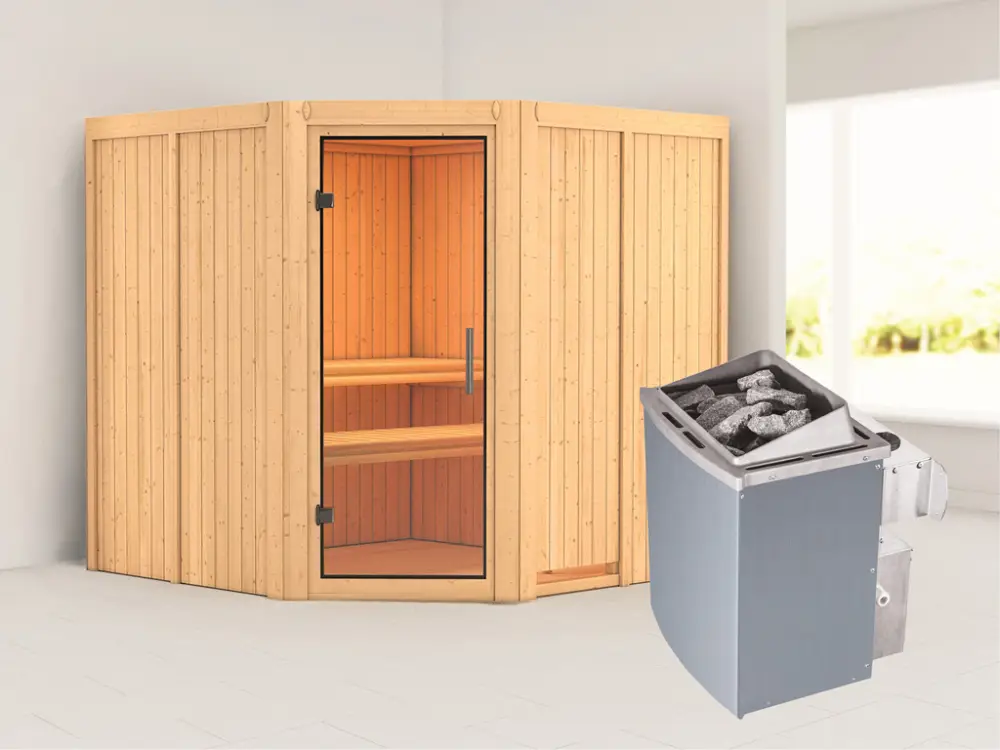 Systeemsauna Jarin transparent glazen deur + 9 kW saunakachel met besturing Flitsaanbieding