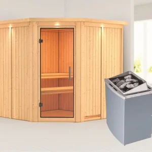 Systeemsauna Jarin met dakkraag, transparent glazen deur + 9 kW saunakachel met besturing Gecertificeerd