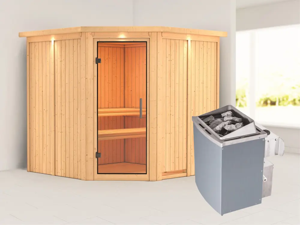 Systeemsauna Jarin met dakkraag, transparent glazen deur + 9 kW saunakachel met besturing Gecertificeerd