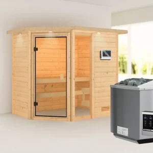 Bestel Nu Sauna Jada met gebronsde glazen deur en dakkraag + 9 kW Bio-Combi-kachel ext. besturing