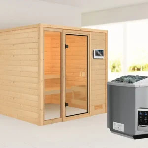 Snelle Levering Sauna Jutta met gebronsde glazen deur + 9 kW Bio-Combi-kachel ext. besturing