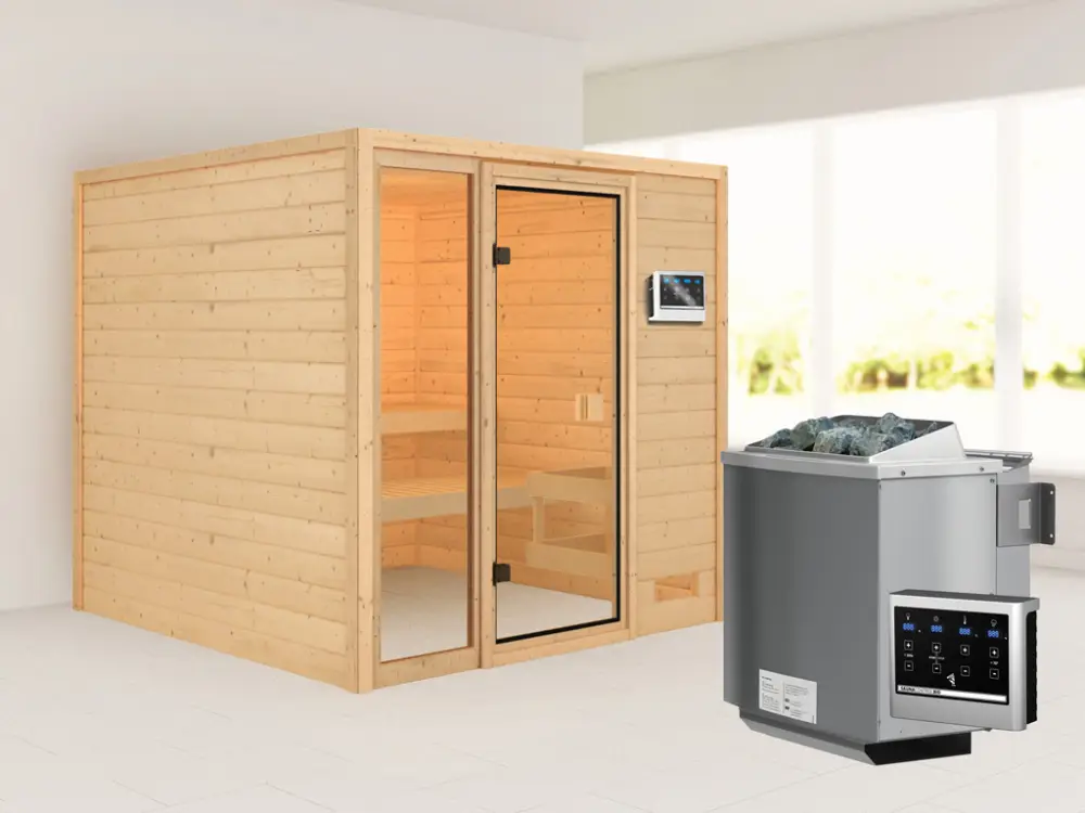 Snelle Levering Sauna Jutta met gebronsde glazen deur + 9 kW Bio-Combi-kachel ext. besturing