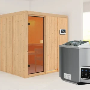 Direct Beschikbaar Sauna OULU met gebronsde glazen deur + 9 kW Bio-Combi-kachel met ext. besturing