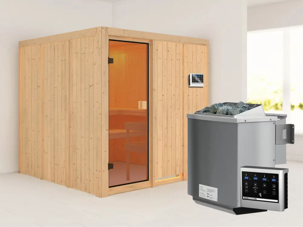 Direct Beschikbaar Sauna OULU met gebronsde glazen deur + 9 kW Bio-Combi-kachel met ext. besturing