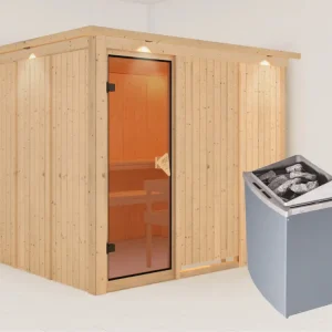 Koop Vandaag Systeemsauna Gobin met dakkraag, kompleet transparente gebronsde glazen deur, incl. 9kW saunakachel