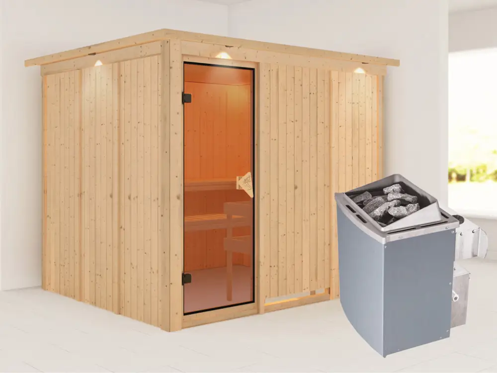 Koop Vandaag Systeemsauna Gobin met dakkraag, kompleet transparente gebronsde glazen deur, incl. 9kW saunakachel