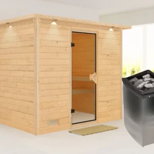 Massieve sauna Sonara met dakkraag, kompleet transparente gebronsde glazen deur, incl. 9kW kachel Meest Verkocht