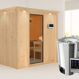 Populair Systeemsauna Daria met dakkraag, incl. Plug & Play Bio-kachel externe besturing