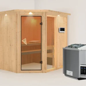 Systeemsauna Fiona 2 met dakkraag, incl. 9 kW Bio-Combi-kachel ext. besturing Direct Verzonden