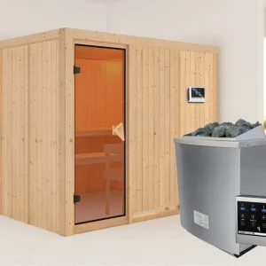 Speciale Aanbieding Systeemsauna Gobin kompleet transparente gebronsde glazen deur, incl. 9kW saunakachel ext. besturing