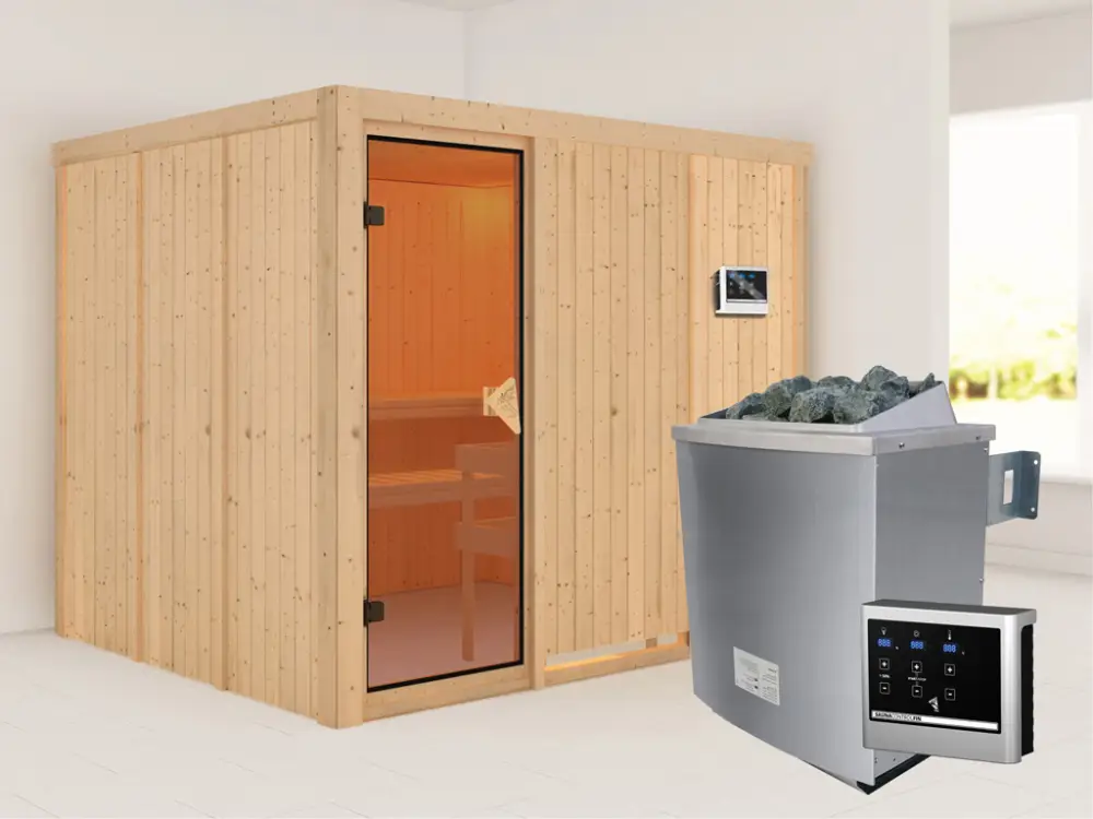 Speciale Aanbieding Systeemsauna Gobin kompleet transparente gebronsde glazen deur, incl. 9kW saunakachel ext. besturing