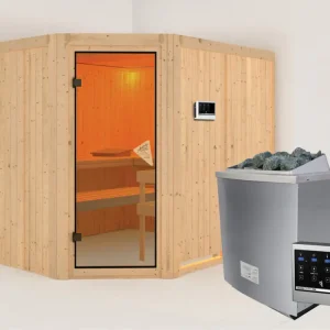 Exclusieve Aanbieding Systeemsauna Malin kompleet transparente gebronsde glazen deur, incl. 9kW saunakachel ext. besturing
