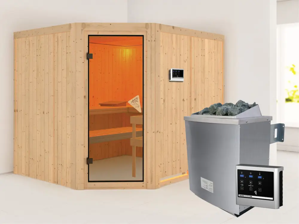 Exclusieve Aanbieding Systeemsauna Malin kompleet transparente gebronsde glazen deur, incl. 9kW saunakachel ext. besturing