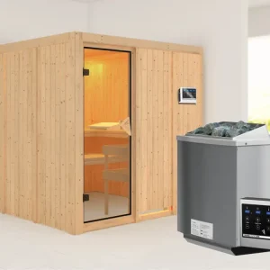 Snelle Levering Systeemsauna Rodin kompleet transparente gebronsde glazen deur, incl. 9kW Bio-Combi-kachel