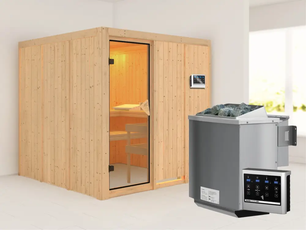 Snelle Levering Systeemsauna Rodin kompleet transparente gebronsde glazen deur, incl. 9kW Bio-Combi-kachel