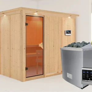 Snelle Levering Systeemsauna Gobin met dakkraag, kompleet transparente gebronsde glazen deur, incl. 9kW saunakachel